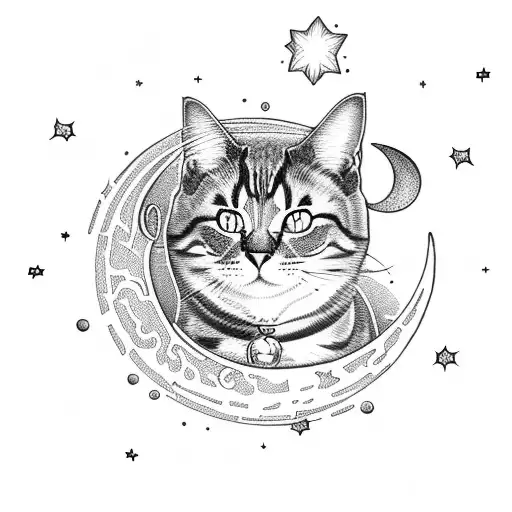 Mischievous Cat Playing With Stars With Its Paw On The Moon
