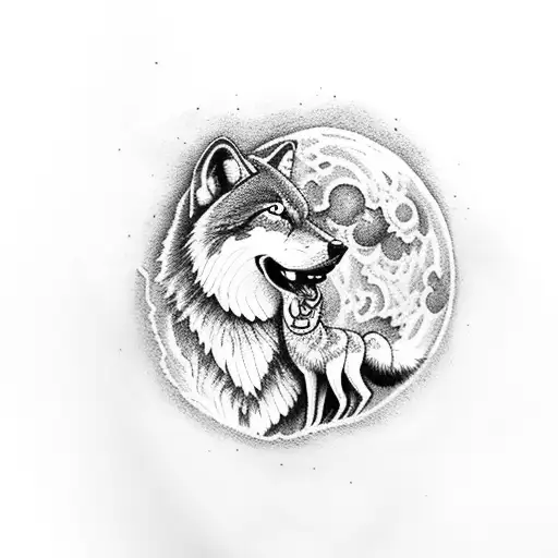 A Family Of Wolves Howling At The Moon