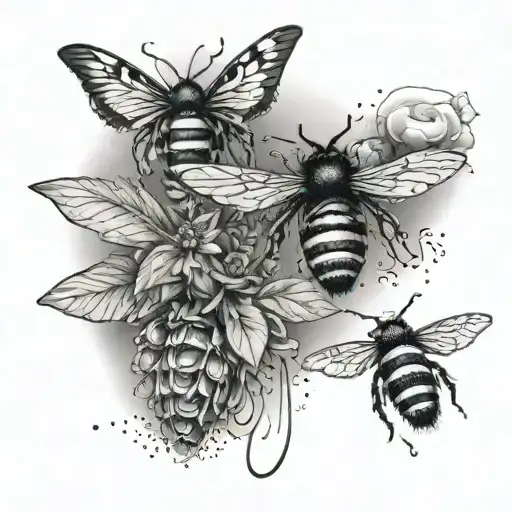 Formula 1 Bolid Sketch Style Tattoo And Bee And Dog Paw