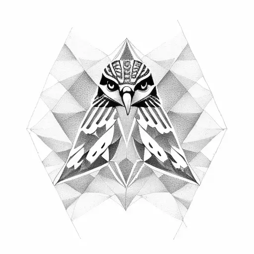 A Dotwork Design Featuring A Hawk Perched On A Geometric Branch