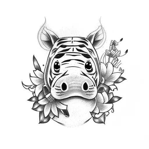 A Sketch-style Tattoo Of A Stuffed Baby Hippo Surrounded By Tiger Lilies