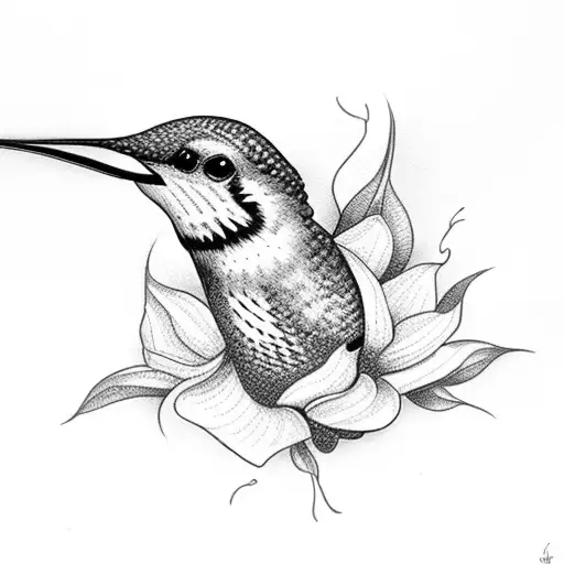 A Dotwork Tattoo Of A Realistic Hummingbird Drinking Nectar From A Vibrant Flower