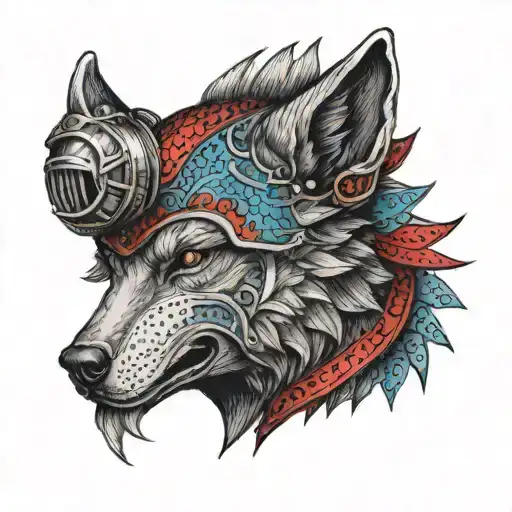 Profile Angle Head Of Dhu Al-qarnayn Who Wears Helmet Of Wolf Head With Blue And Red Ears