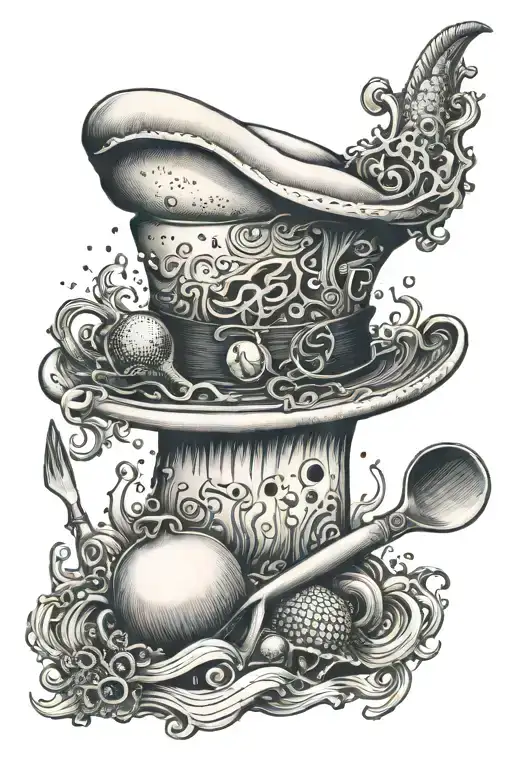 A Tattoo Of A Chef's Hat And Utensils Intertwined With Ocean Waves And Sea Creatures