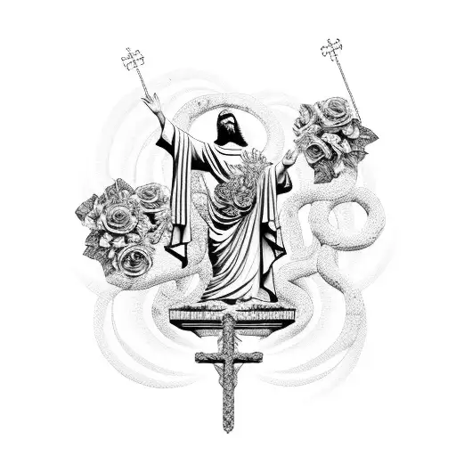 A Dotwork Tattoo Featuring An Italian Christian Statue Surrounded By Roses And Snakes