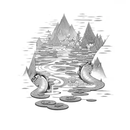 A River Flowing Through Mountains With Water Lilies And Koi Fish Swimming