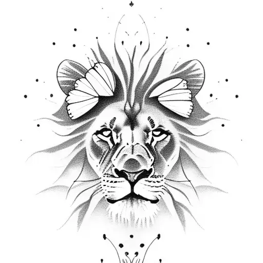 Lion And Butterflies By A Lake And Power Lines