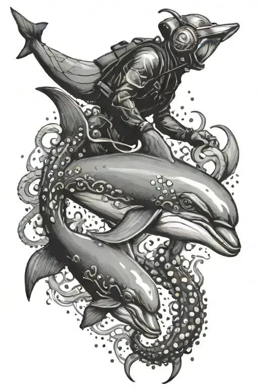 Diver With Dolphin And Octopus