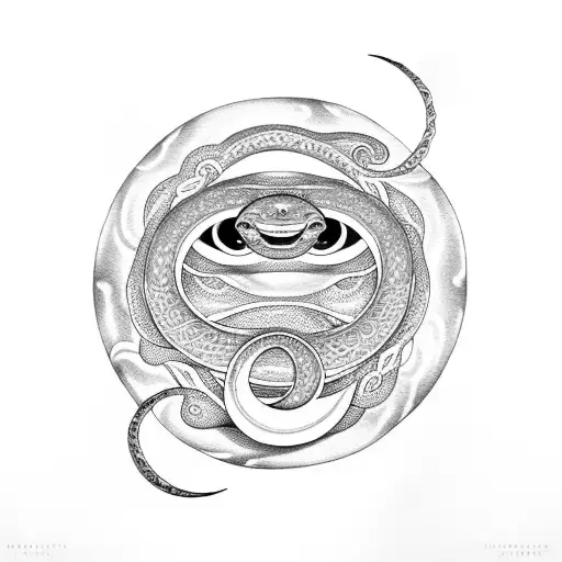 A Snake Coiled Around A Crescent Moon With A Third Eye In The Center