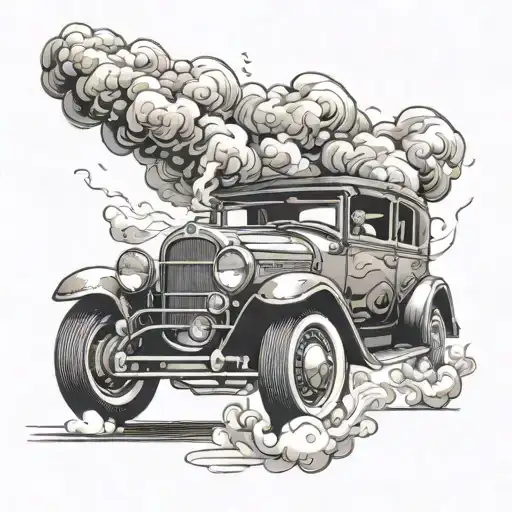 A Vintage Gangster Car With Smoke Coming Out Of The Exhaust