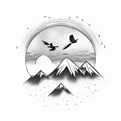 Sunset Over A Mountain Range With A Sparrow Flying In The Foreground