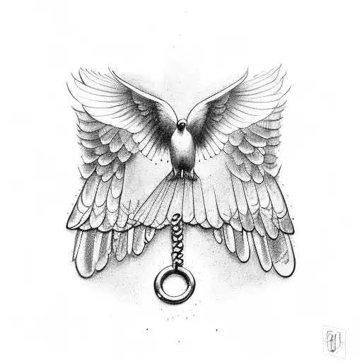 Bird With Open Wings View From The Top Being Held By A Chain That He Managed To Break And Be Free