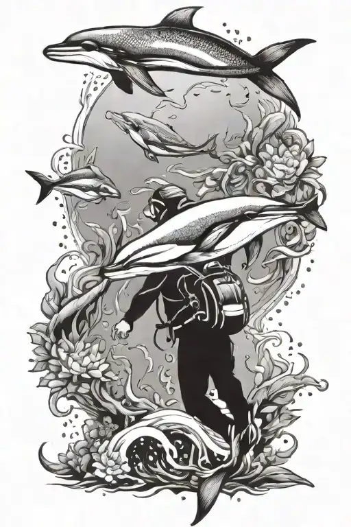 Diver With Dolphin And Sea Lion
