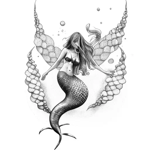 Mermaid Swimming Up Long Hair And A Shell Biquini
