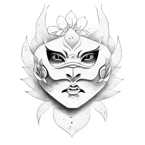 Woman With Oni Mask Breaking The Mask Flowers And A Demon Behind