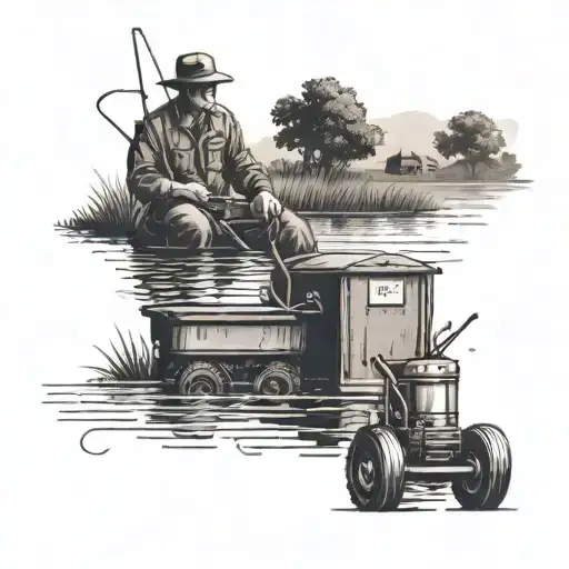 A Serene Farm Pond Scene With A Heavy Equipment Operator Fishing From A Tractor Bucket