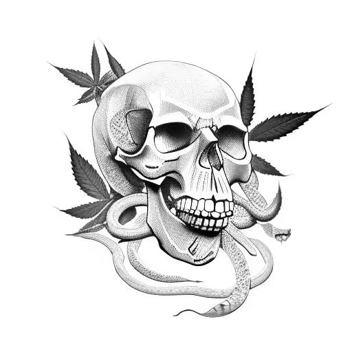 Skull With Snake Crawling Out Of Socket With Marijuana Leaves Growing Around The Snake