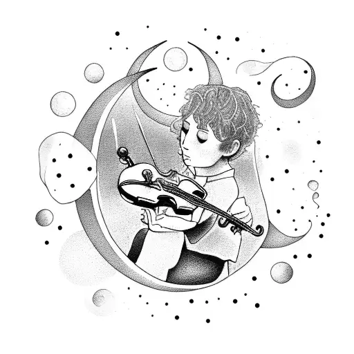 A Dotwork Design Of A Lost Boy Sitting On A Crescent Moon Playing A Violin