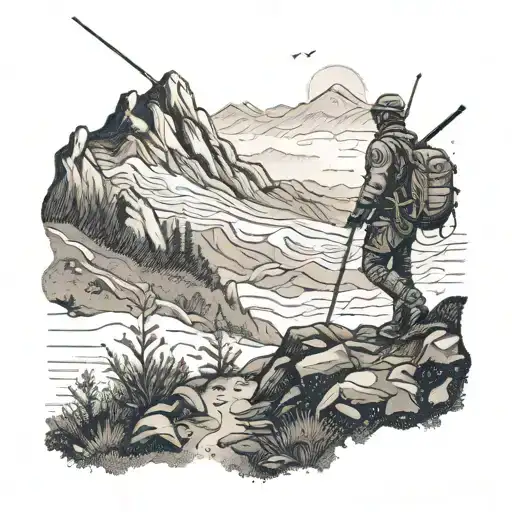 A Dotwork Tattoo Of A Soldier Hiking Through A Mountain Trail With A Fishing Rod In Hand