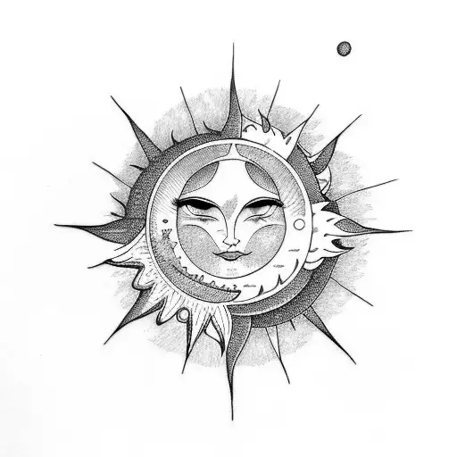 A Whimsical Blackwork Tattoo Depicting A Sun And Moon In An Enchanting Dance