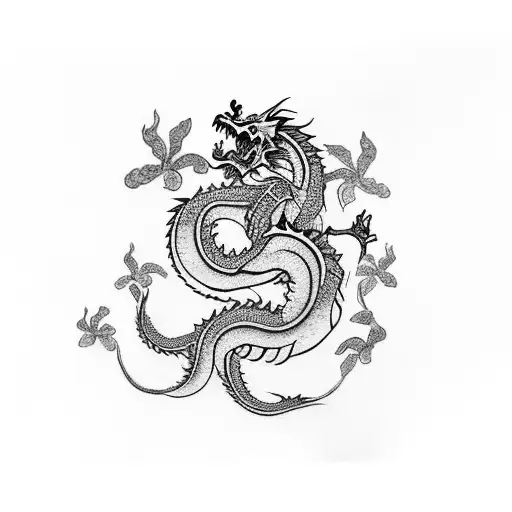 Chinese Dragon Lower Back Tattoo With Flowers