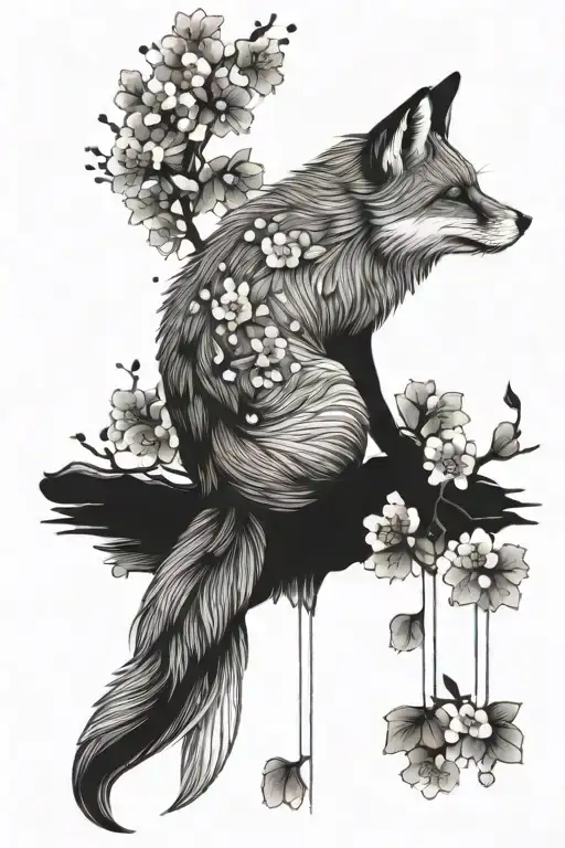 Fox With Cherry Blossoms Falling