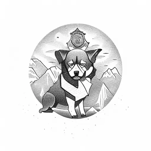 A Police Badge Integrated Into A Mountain Landscape With A Loyal Dog Standing Guard