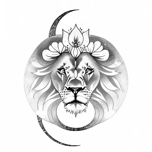 Lion With Moon In Background And Flower Below