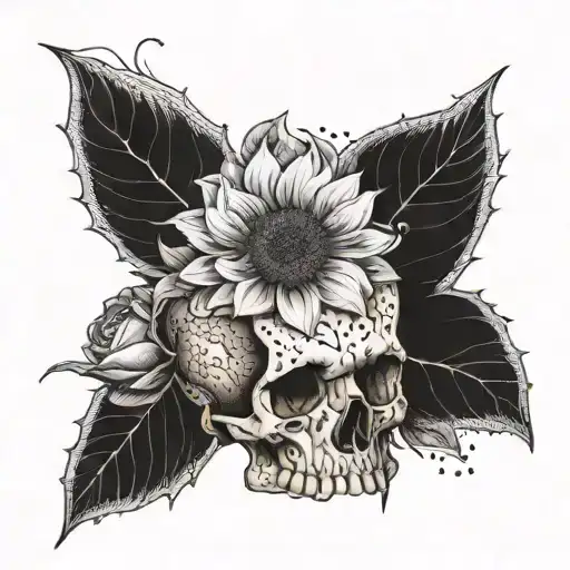 Sunflower And A Rose Growing Out Of A Skull