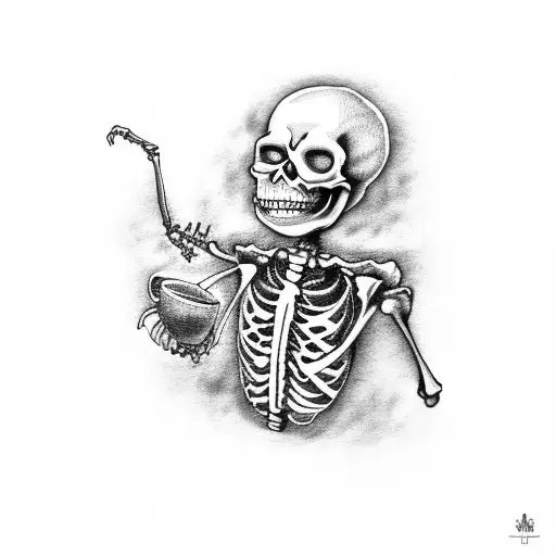 A Dancing Skeleton Holding A Coffee Mug With Smoke Rising From It