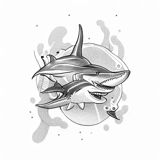 Old School Scuba Diver And Hammerhead Shark