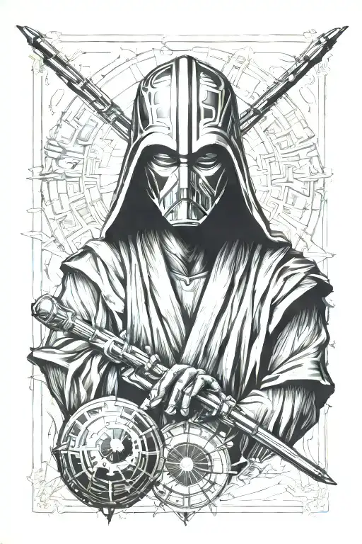 An Intricate Design Featuring Iconic Star Wars Jedi In A Dotwork Style