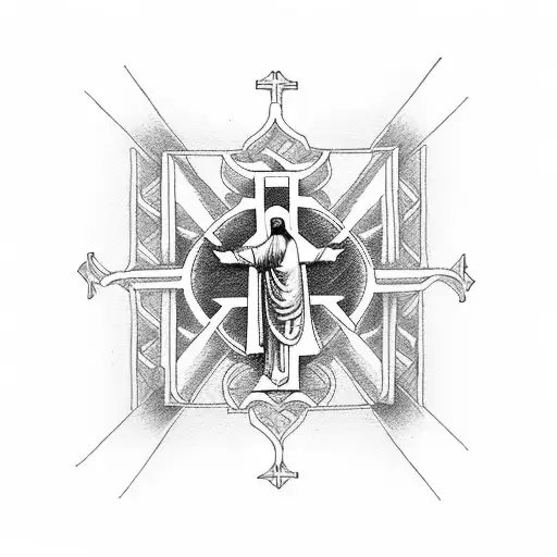 Cross Wit Stairs To Heaven Behind With Jesus On The Cross With Mary Praying