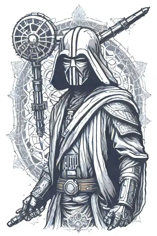 An Intricate Design Featuring Iconic Star Wars Jedi In A Dotwork Style