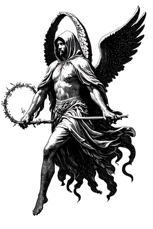 Hooded Arch Angel Fighting Off The 7 Deadly Sins