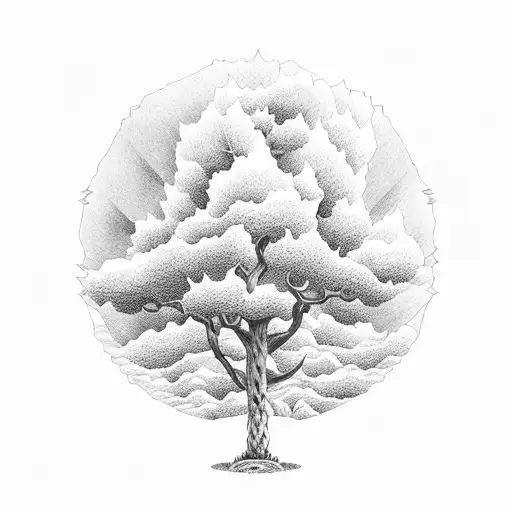 A Dotwork Illustration Of A Lone Pine Tree On A Mountaintop