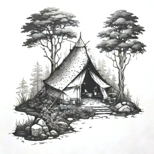 A Mystical Forest Scene With A Trader's Tent Hidden Among The Trees