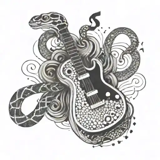 Create A Tattoo Of A Python Snake Wrapped Around A Guitar With Musical Notes Floating Around
