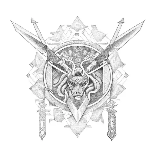 A Libra Symbol Intertwined With A King's Scepter In Intricate Dotwork