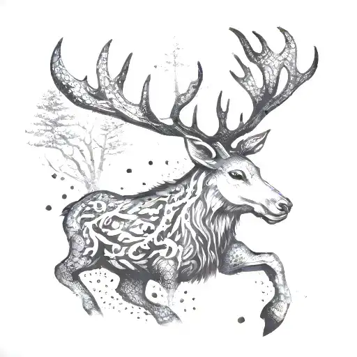 Create A Dotwork Design Of A Raindeer Gracefully Leaping Through A Forest