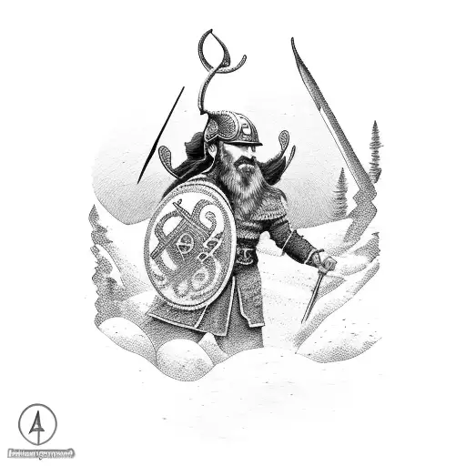 A Musician Standing On Top Of A Mountain Surrounded By Viking Symbols