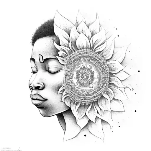 African Warrior Woman Meditating Under A Sunflower-filled Sky With Tribal Patterns