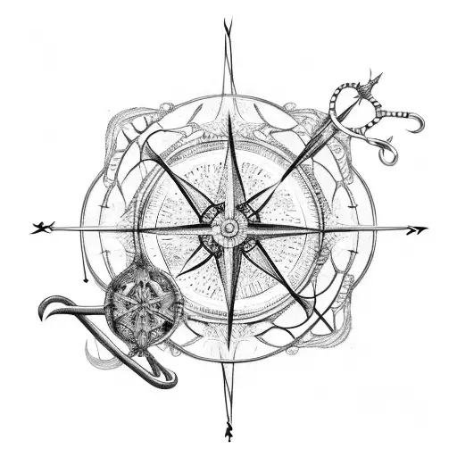 An Intricate Compass With A Fishing Hook And Paw Print In The Center
