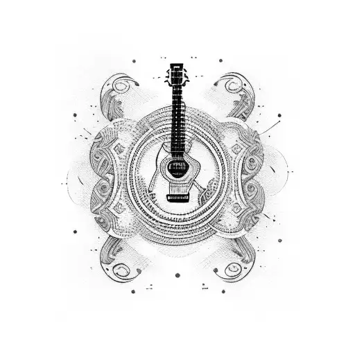 A Guitar With Intricate Music Notes And Symbols Forming The Strings