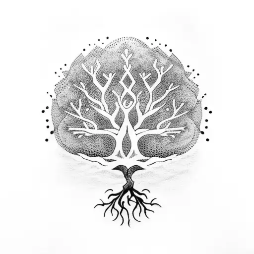 A Dotwork Tattoo Of A Tree Of Knowledge With Roots Shaped Like Yoga Poses