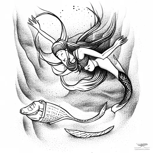Diver Being Seduced And Drawn To The Depth By A Mermaid