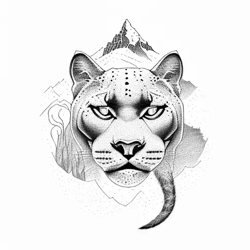 A Majestic Mountain Range With A Panther And Lycoris Rouge Flowers In Dotwork Style