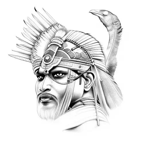 Indian Warrior With A Raven For A Helmet