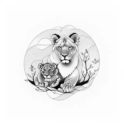 A Lioness And Her Cub Resting Under A Blossoming Tree