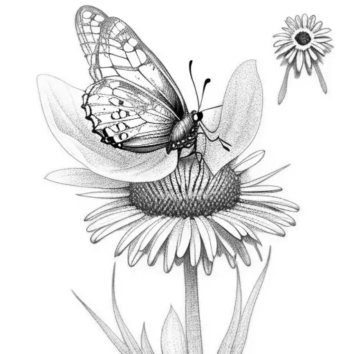 Butterfly On A Daisy With Dots And Leaves